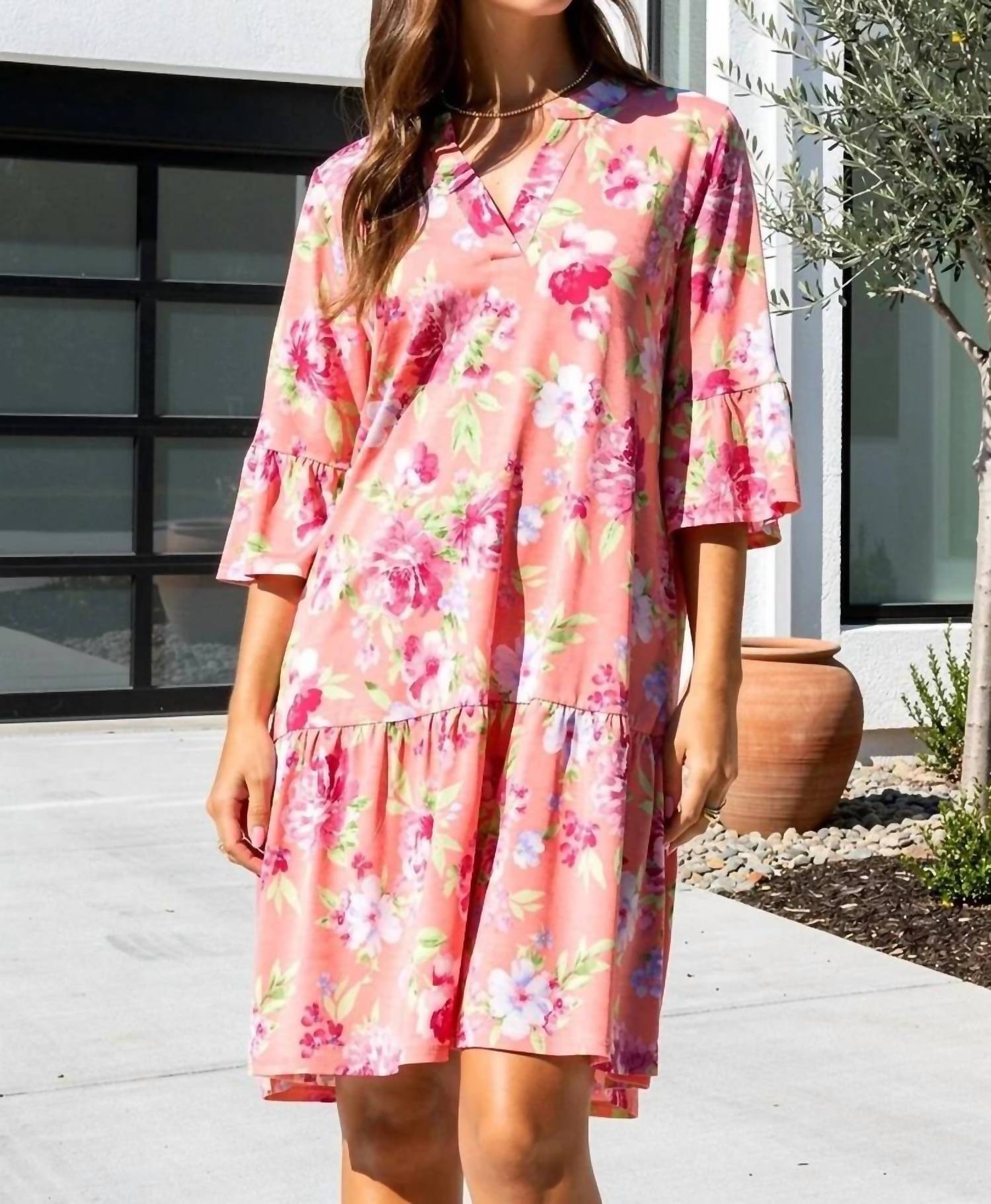 Dear Scarlett - Floral Print Shirred Tiered Dress