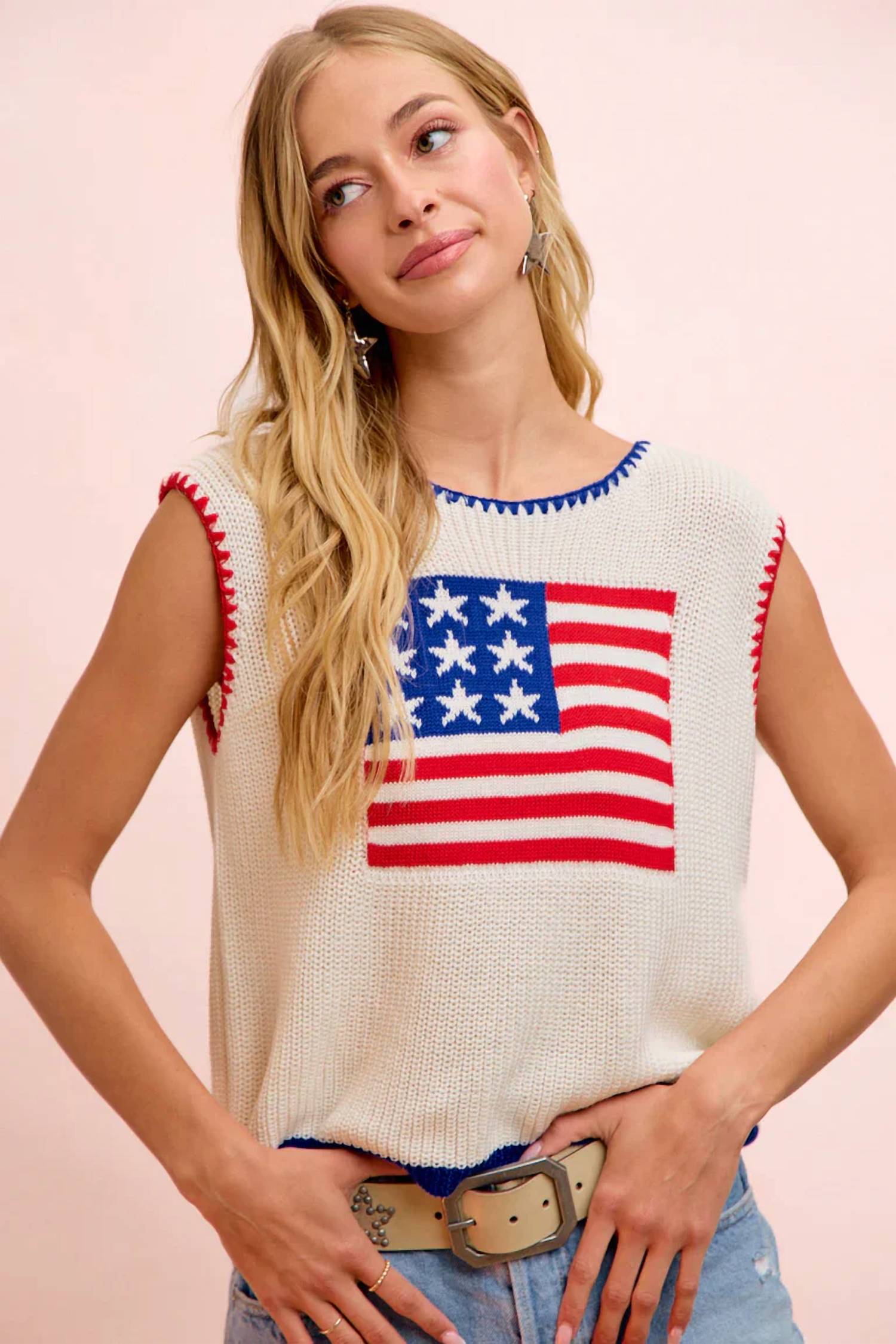 Bibi - 4th Of July Blanket Stitch Knit Top
