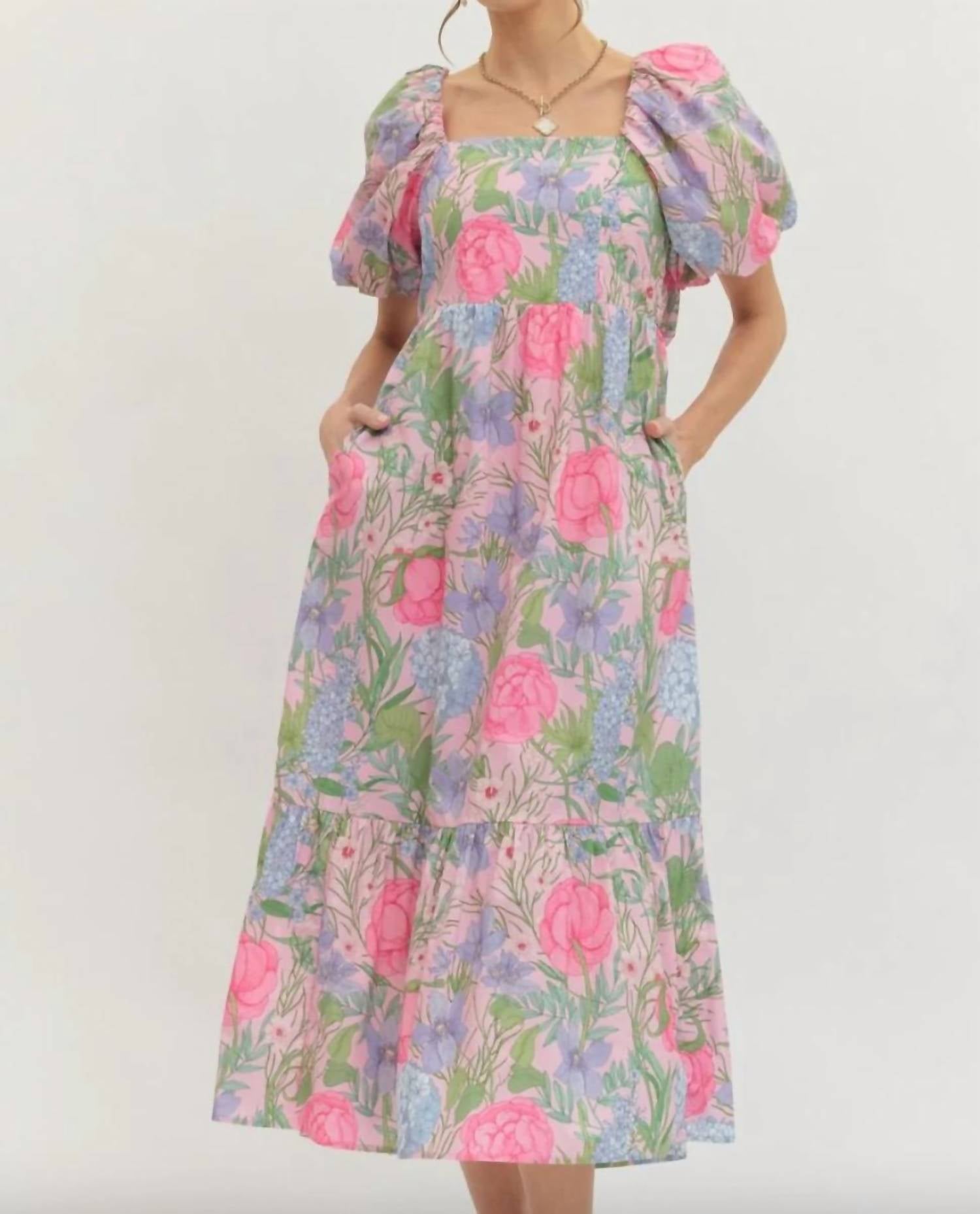 Entro - Floral Print Short Puff Sleeve Midi Dress