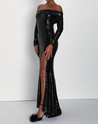 Lulus - Icon Sequin Off-shoulder Long Sleeve Maxi Dress