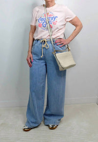 Democracy - Pleated Rope Belt Wide Leg Jeans