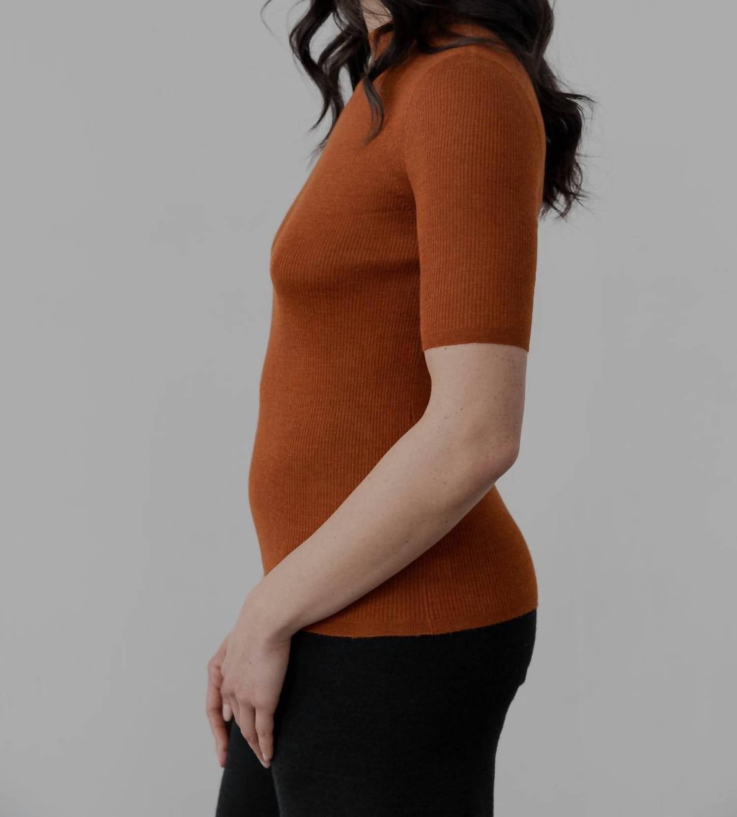 SSKEIN Mock Neck Ribbed Pullover in rust - women's sweater - detail view