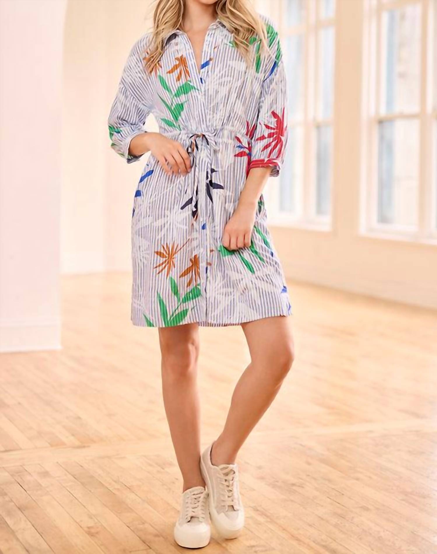 Tribal - Water Print Tie-waist Dress With Pockets