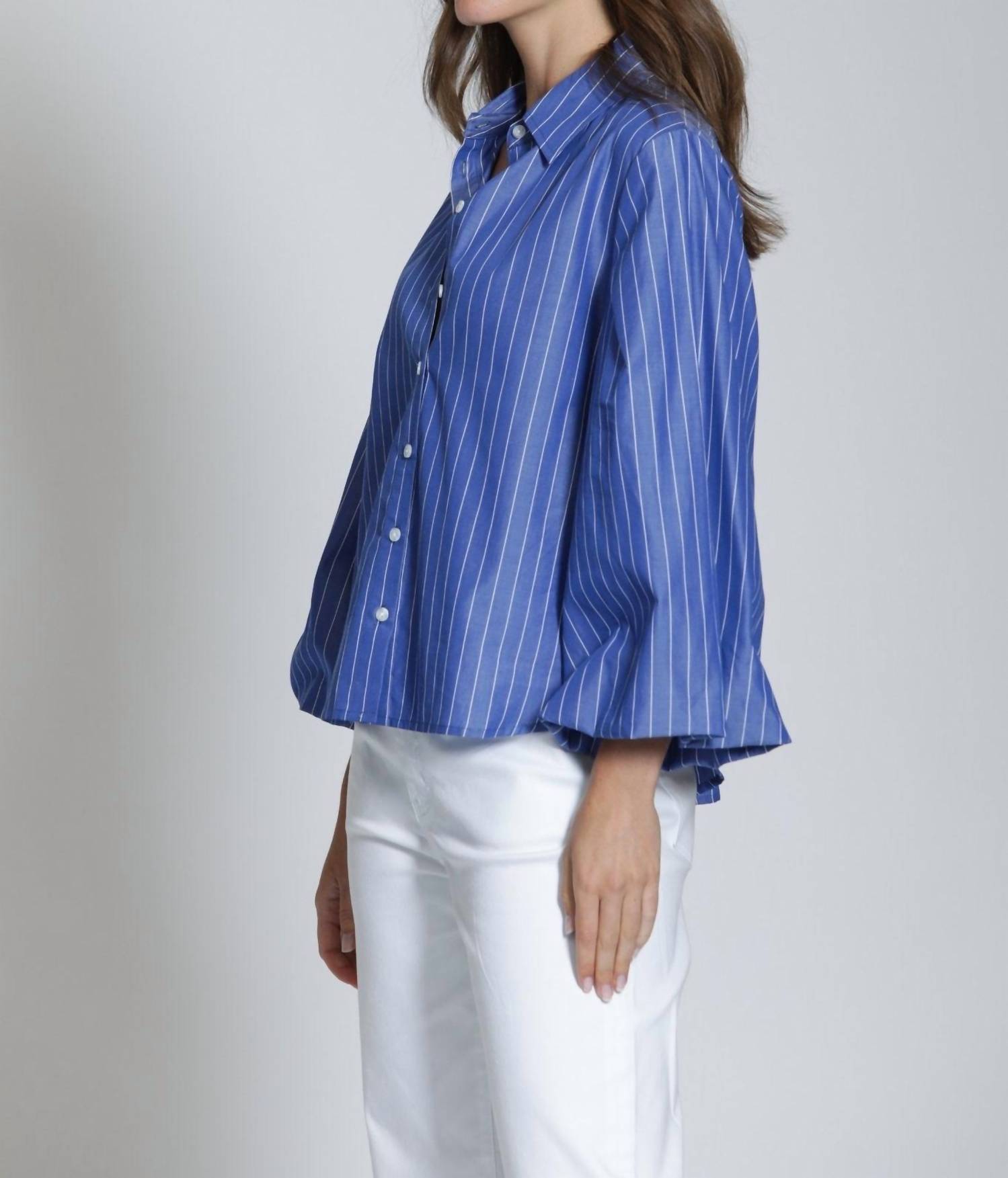 APNY Blouson Front Button Shirt in blue - women's blouse - detail view