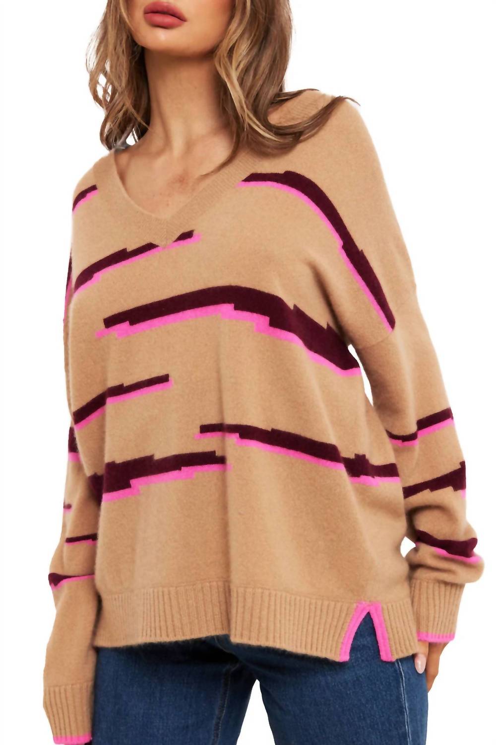 Brodie Cashmere Glitch Zebra V Neck Sweater Top in camel sangria diva pink - women's sweater