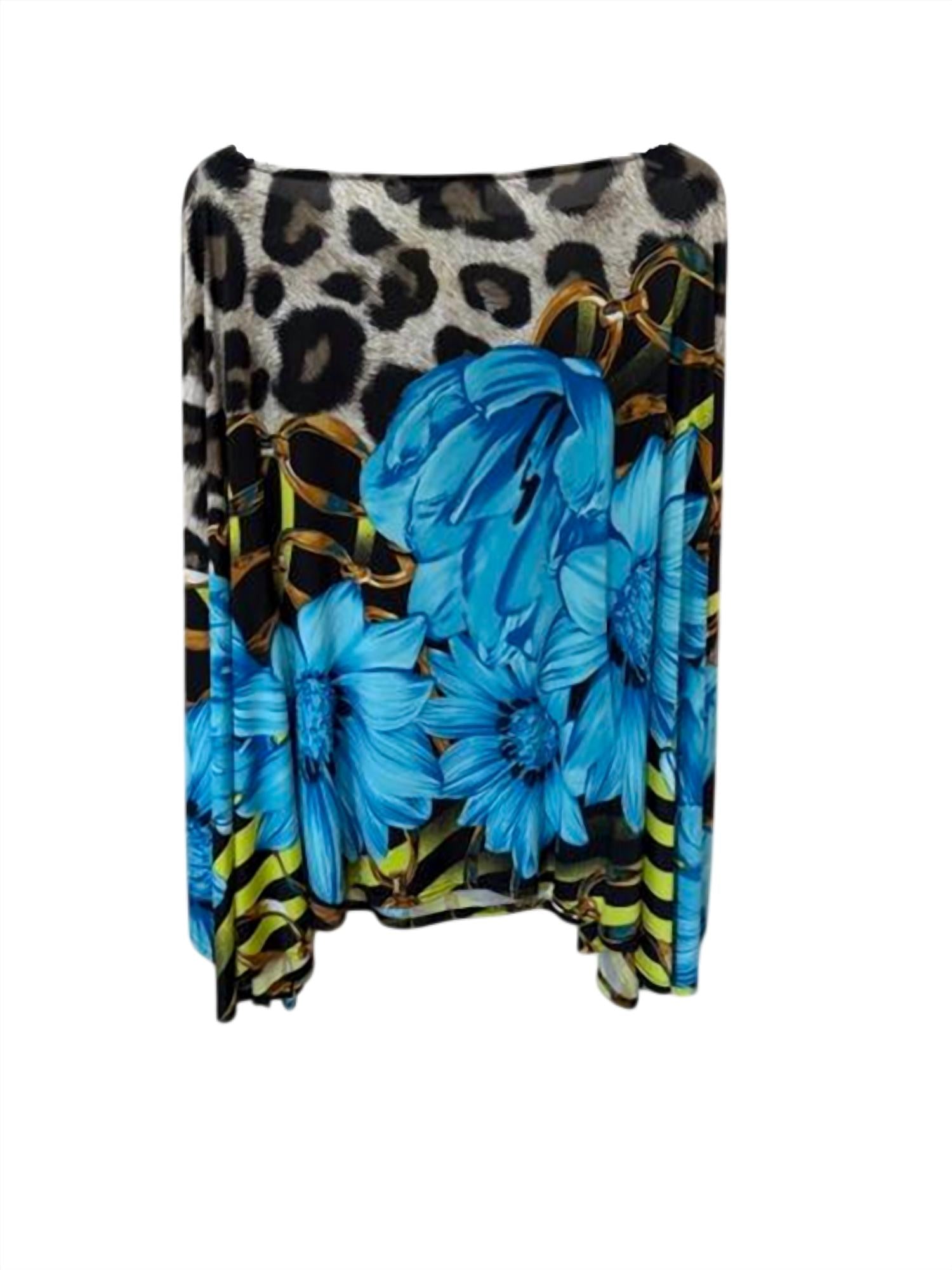 Joseph Ribkoff Women Floral-Animal Print Poncho in turquoise black beige - women's sweater - detail view