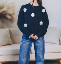 WISHLIST 3d Flower Knit Sweater in navy cream hoc winter - women's sweater
