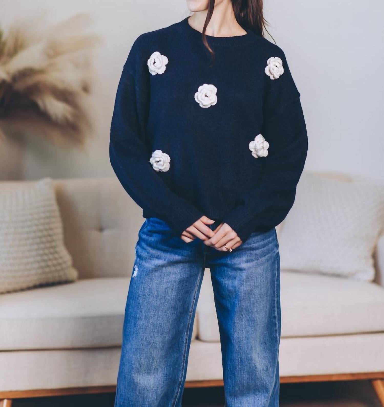WISHLIST 3d Flower Knit Sweater in navy cream hoc winter - women's sweater