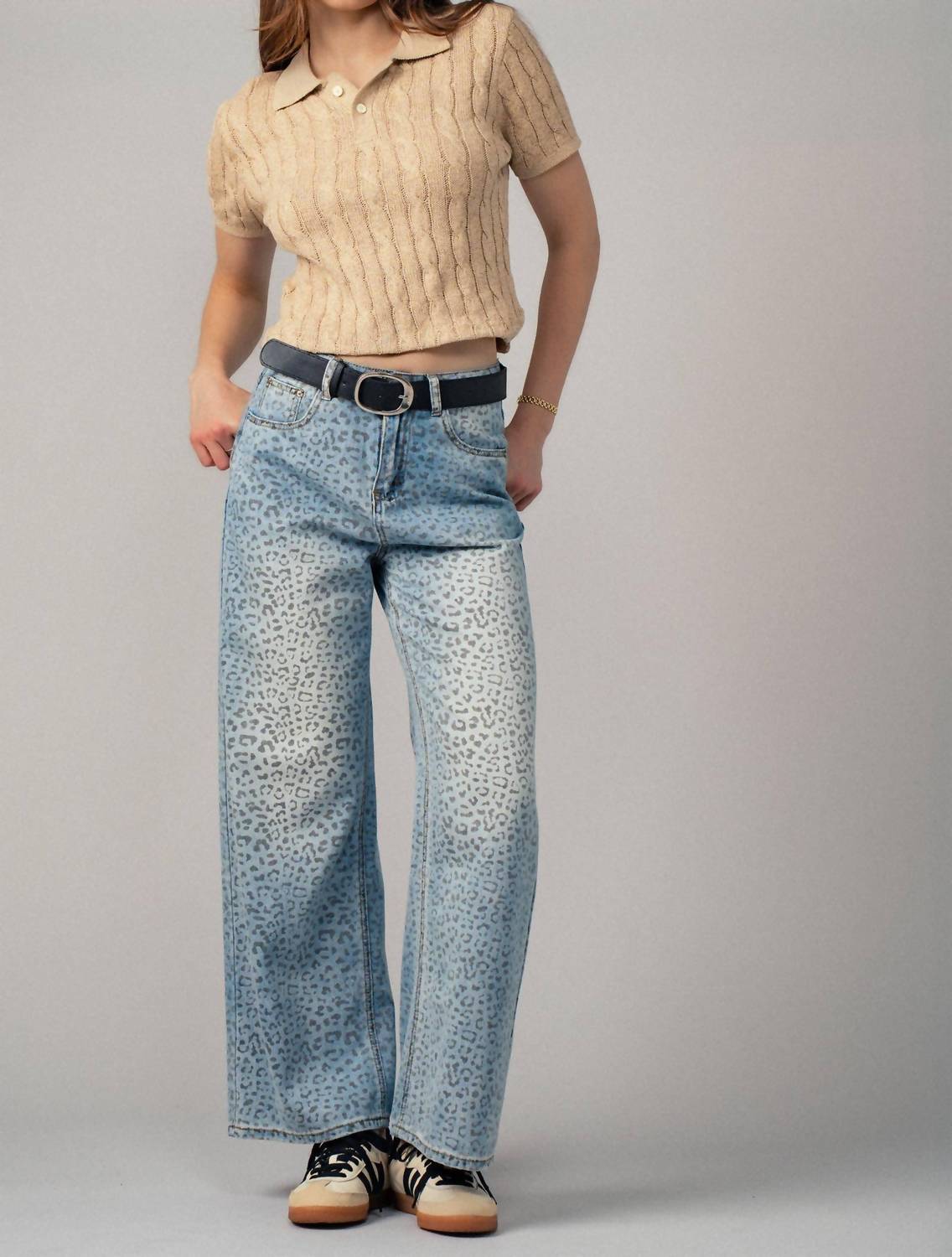 Urban Daizy - Leopard Print Wide-leg Denim Pants