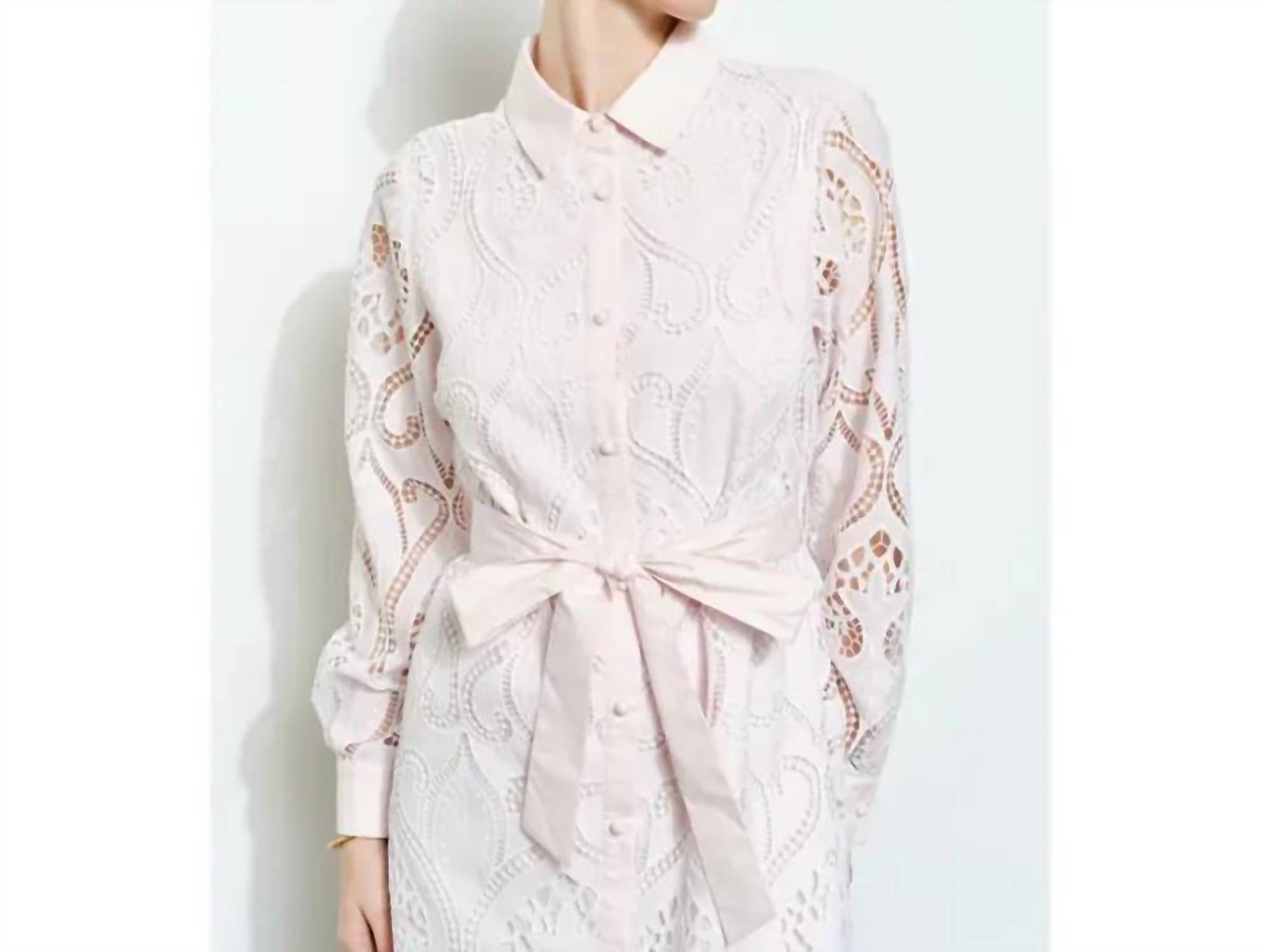 Ina Fashion - Lace Embroidered Waist Tie Long Sleeve Mini Dress