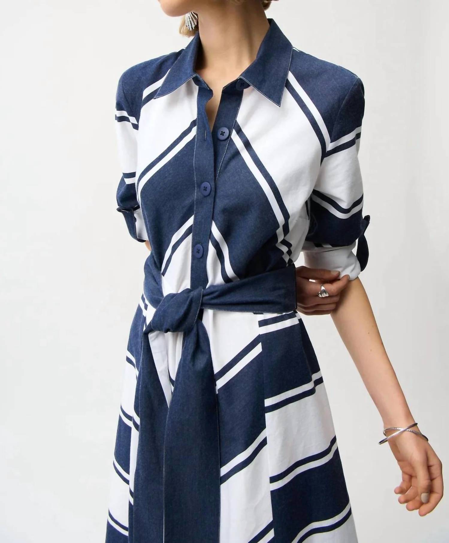 Joseph Ribkoff - Striped Belted Midi Fit And Flare Dress