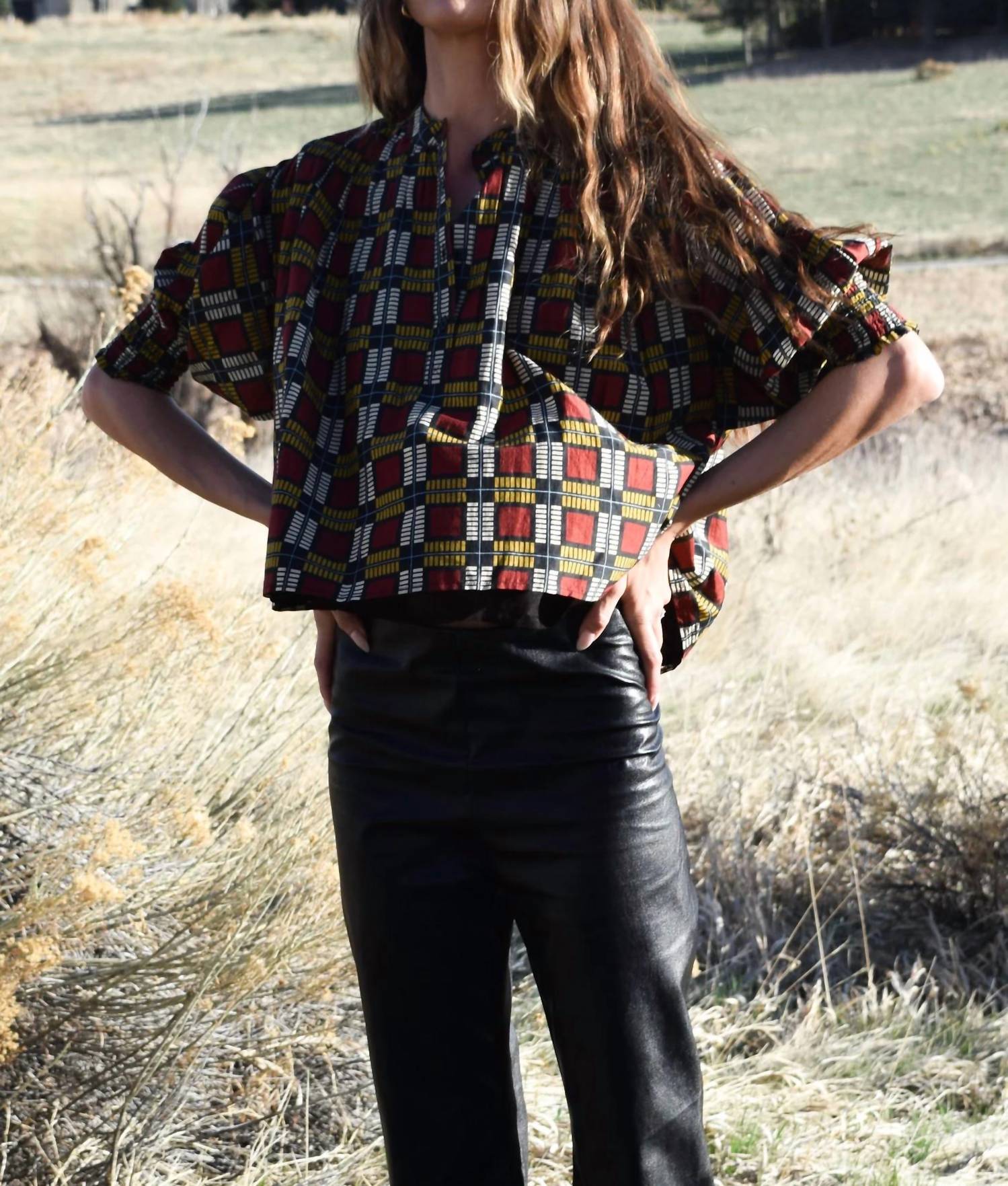 Never a Wallflower Cynthia Top in squares cotton silk - women's blouse - detail view
