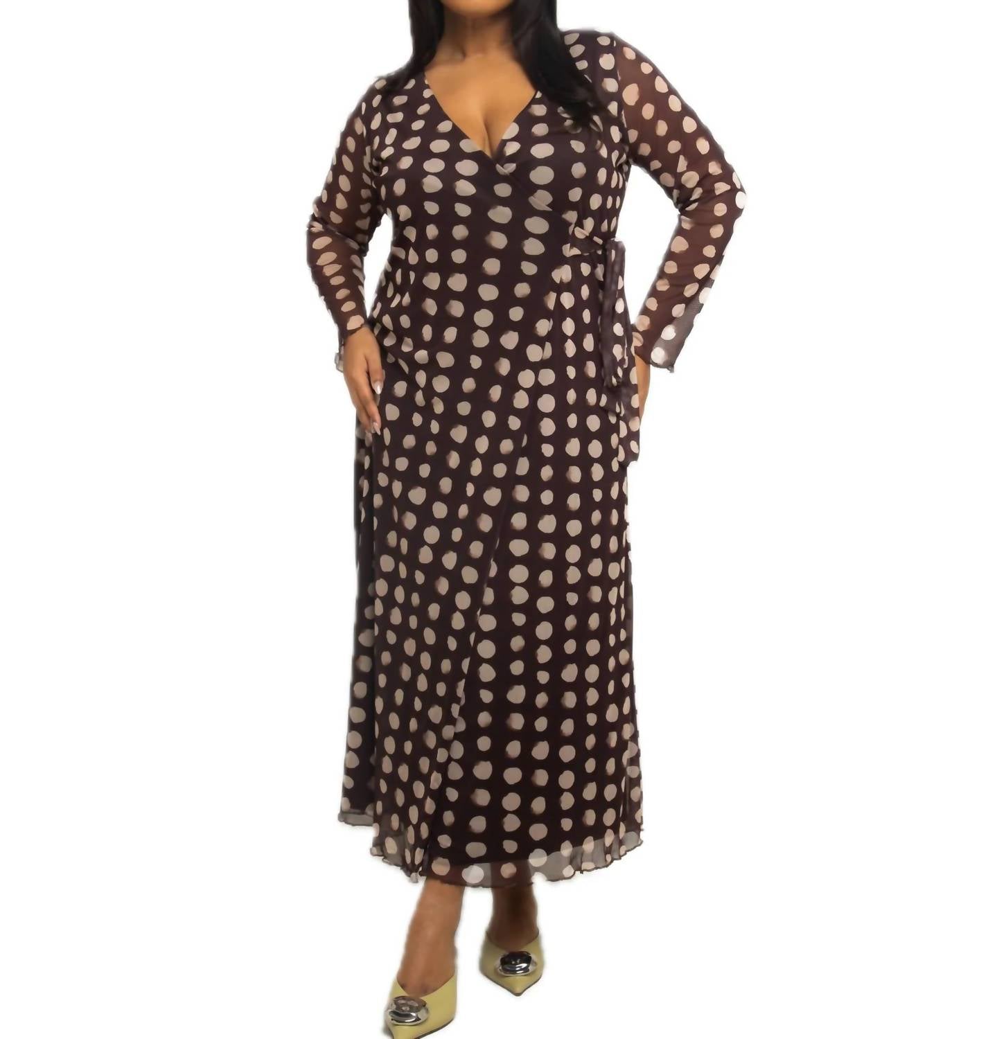 Fashion Szn Curve - Long Sleeve Polka Dot Wrap Midaxi Dress - Plus