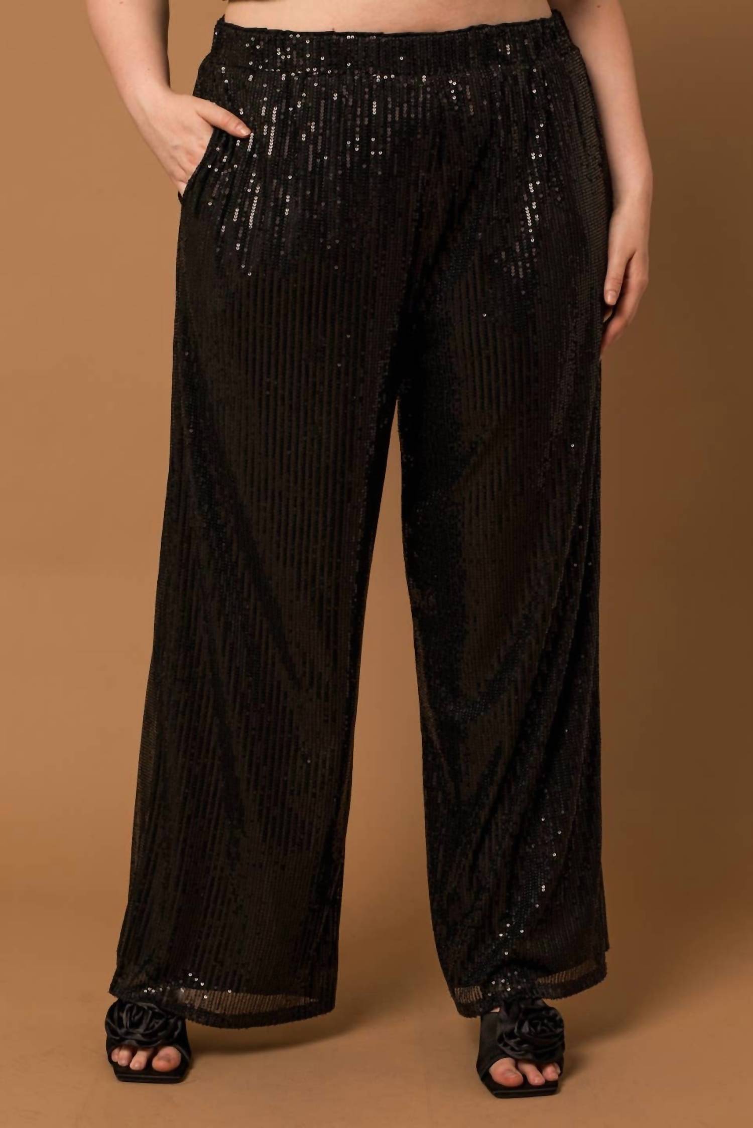 Gilli - Sequin Elastic Waist Wide Leg Pants - Plus