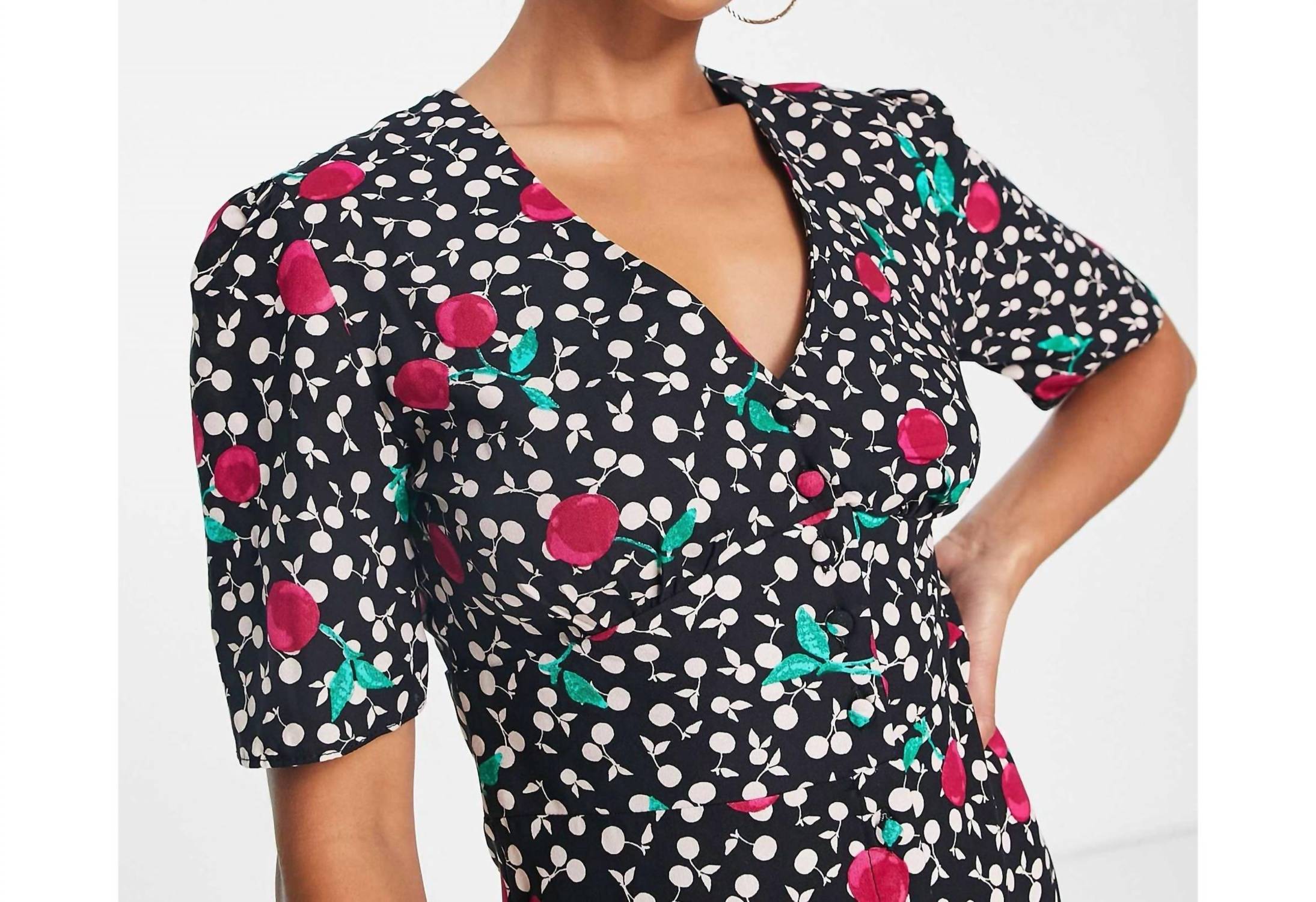 Nobody'S Child - Cherry Short Sleeve Button Front Mini Dress