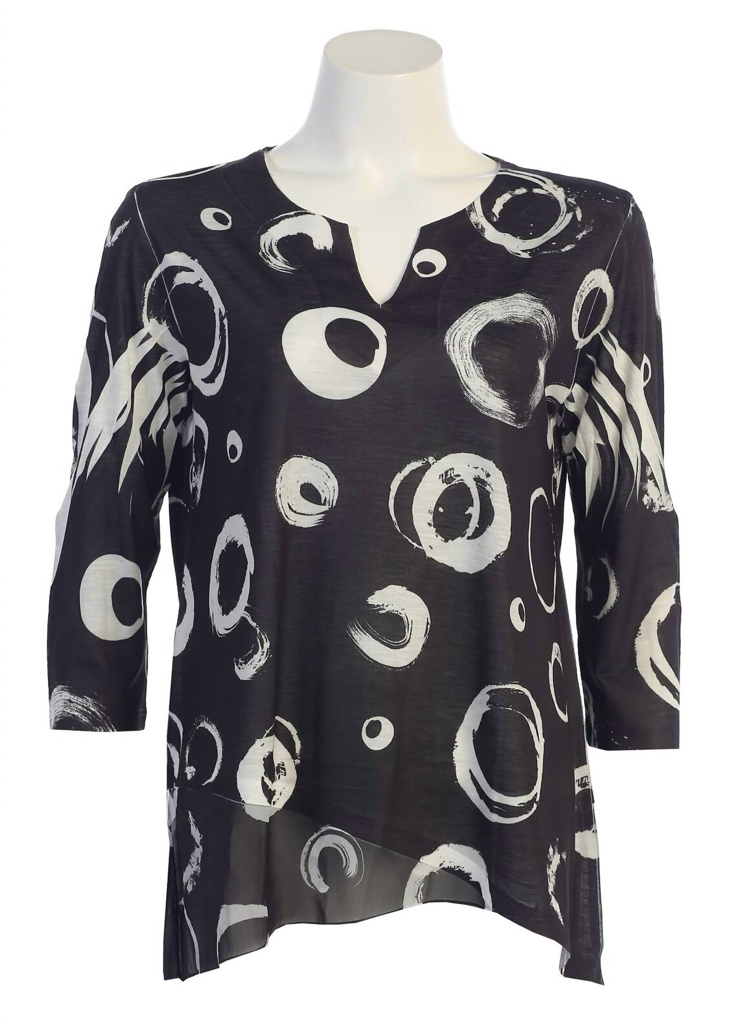 Jess & Jane Circles Slit V-neck Chiffon Contrast Top in black - women's blouse - detail view