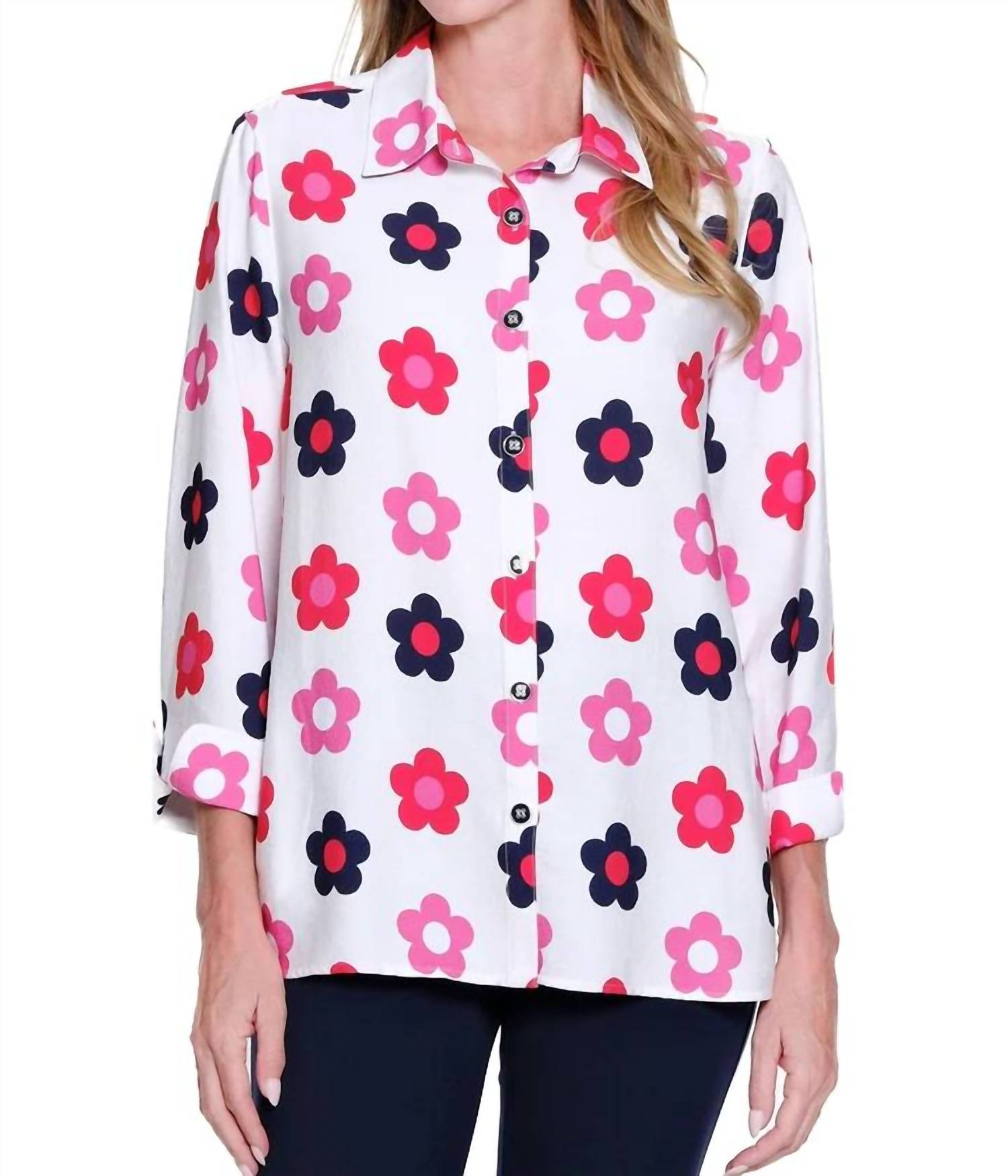 Multiples - Turn-up Cuff 3/4 Sleeve Button Front Shirt