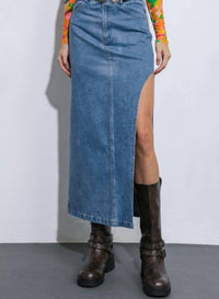 Flying Tomato - Washed Denim Midi Skirt