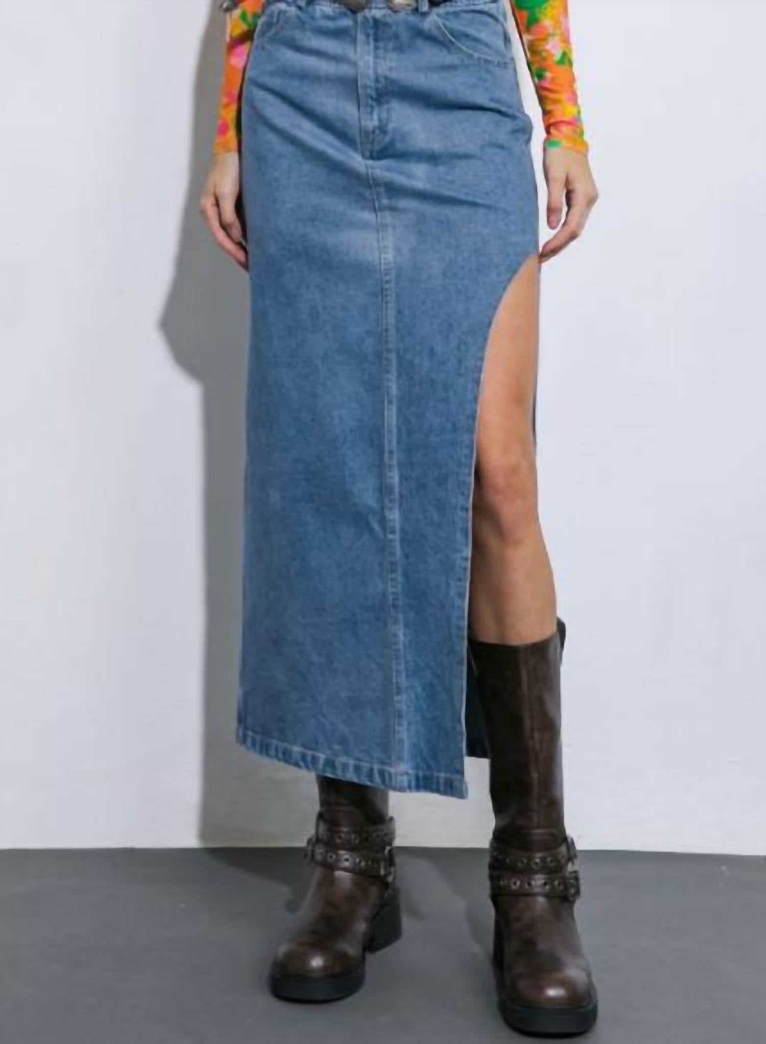 Flying Tomato - Washed Denim Midi Skirt
