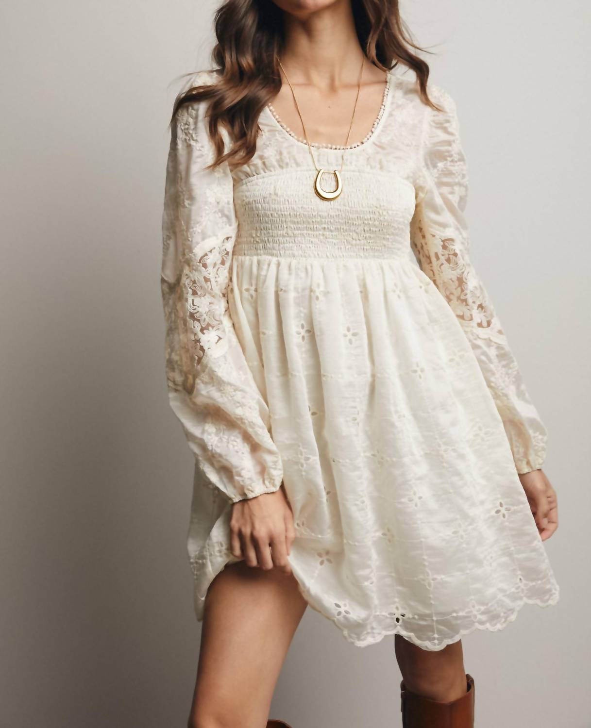 Forte The Ada Embroidered Lace Mini Dress in cream - women's dress - detail view