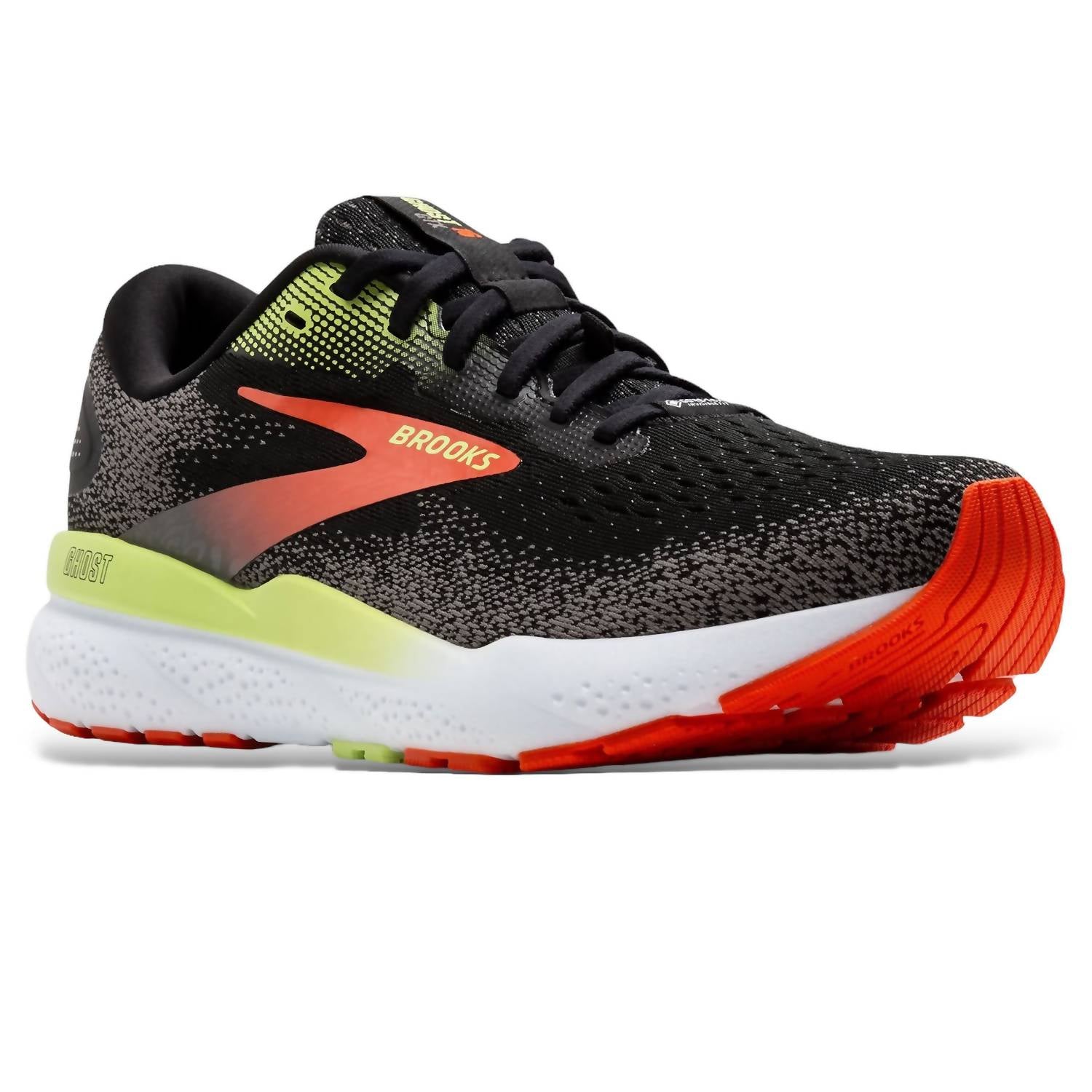 BROOKS Men's Ghost 16 Gtx Running Shoes in black manadarin red green - men's shoe - detail view