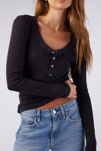 AMO Women's Sweets Henley Long Sleeve Tee in vintage black - women's long sleeve top
