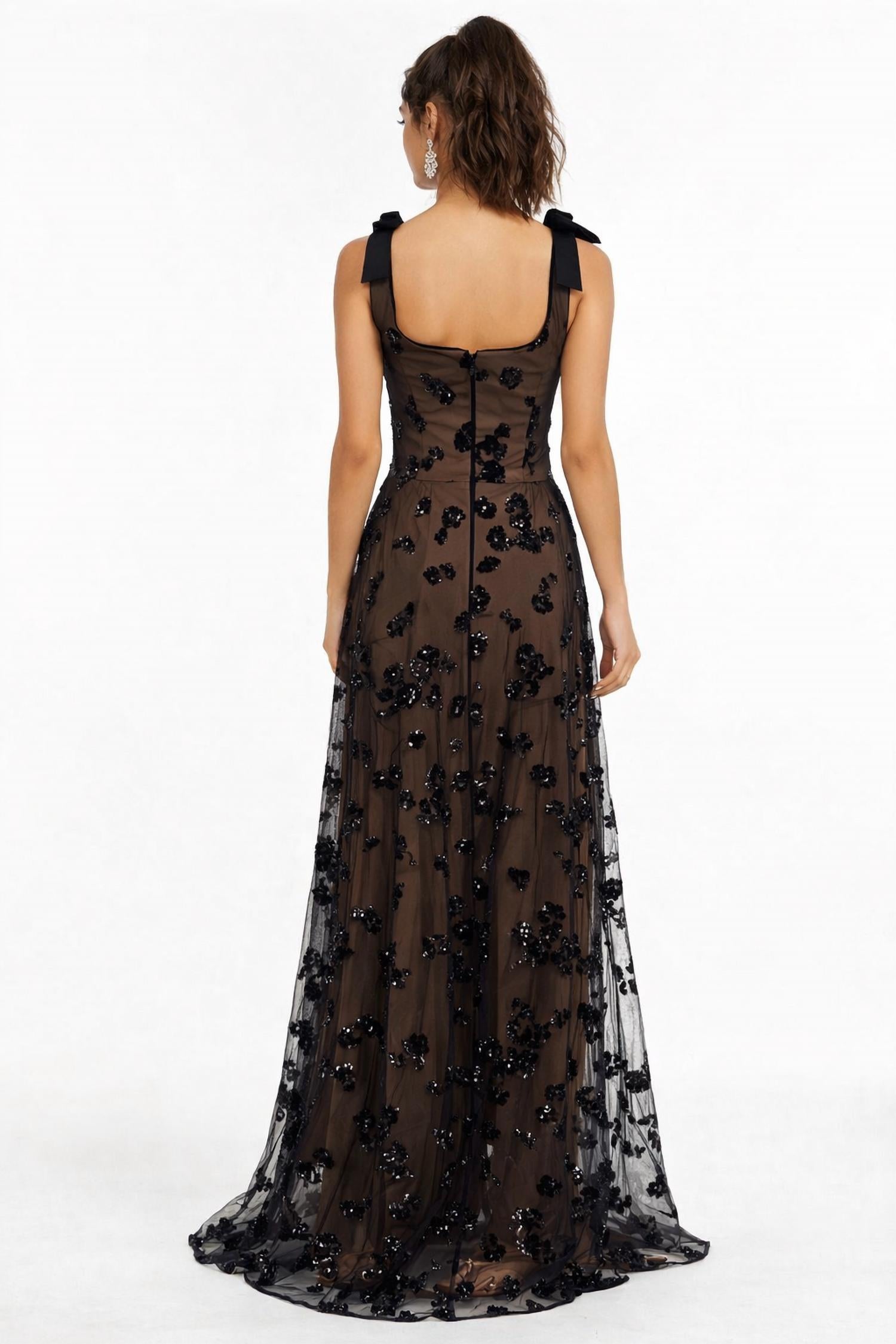 DRESS THE POPULATION Sequin Floral Illusion Tulle Gown in black - women's dress - detail view