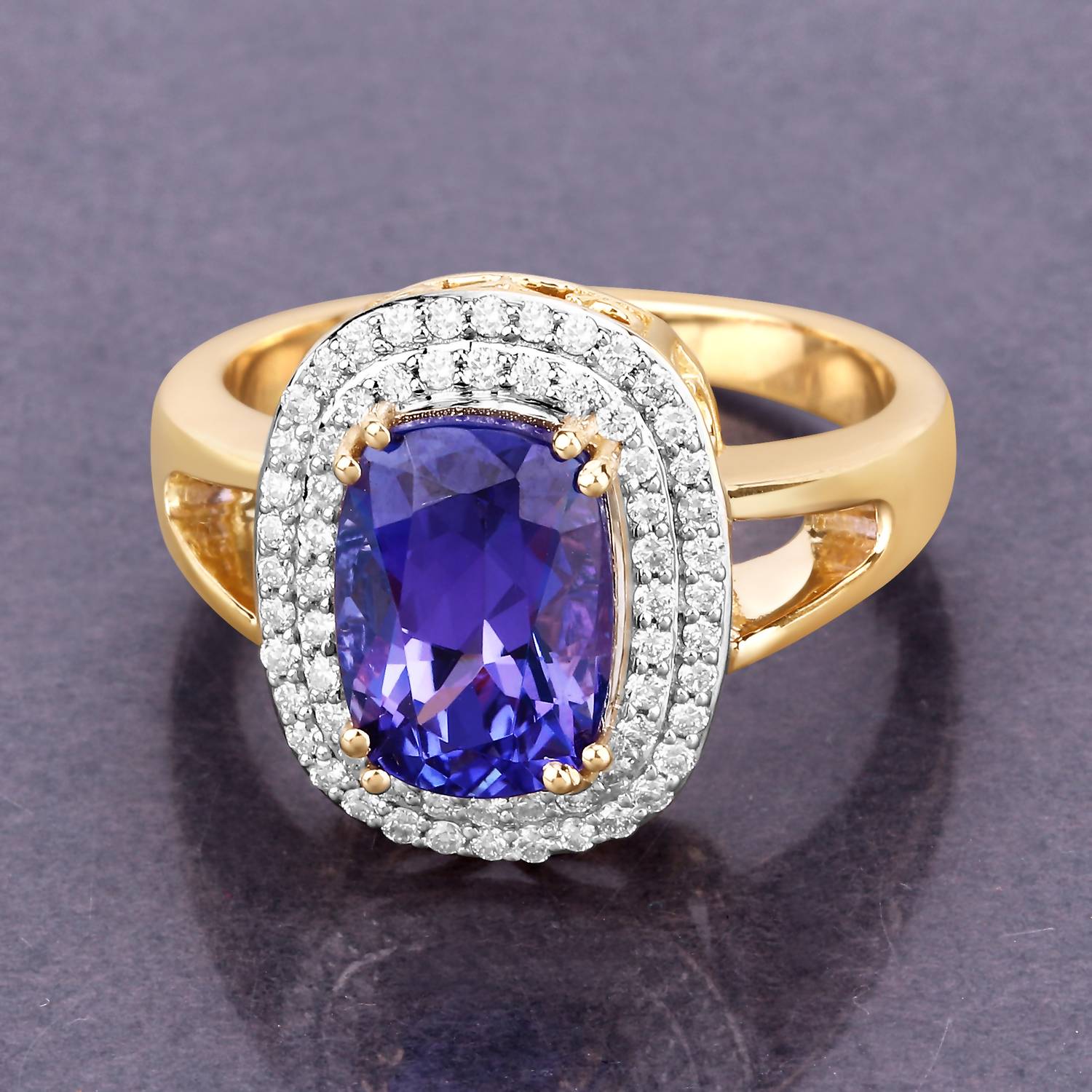 Diana M Jewels Women's Cushion Natural Tanzanite Fashion Ring (3.33 Ct) - Signature Plus in 14k yellow gold - women's jewelry - detail view
