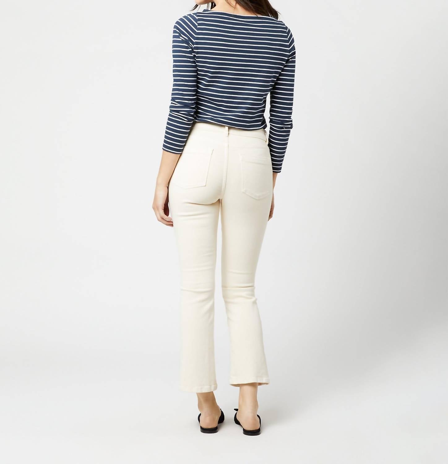 Ann Mashburn Flare Cropped 5-Pocket Jean in natural stretch denim - women's jeans - detail view