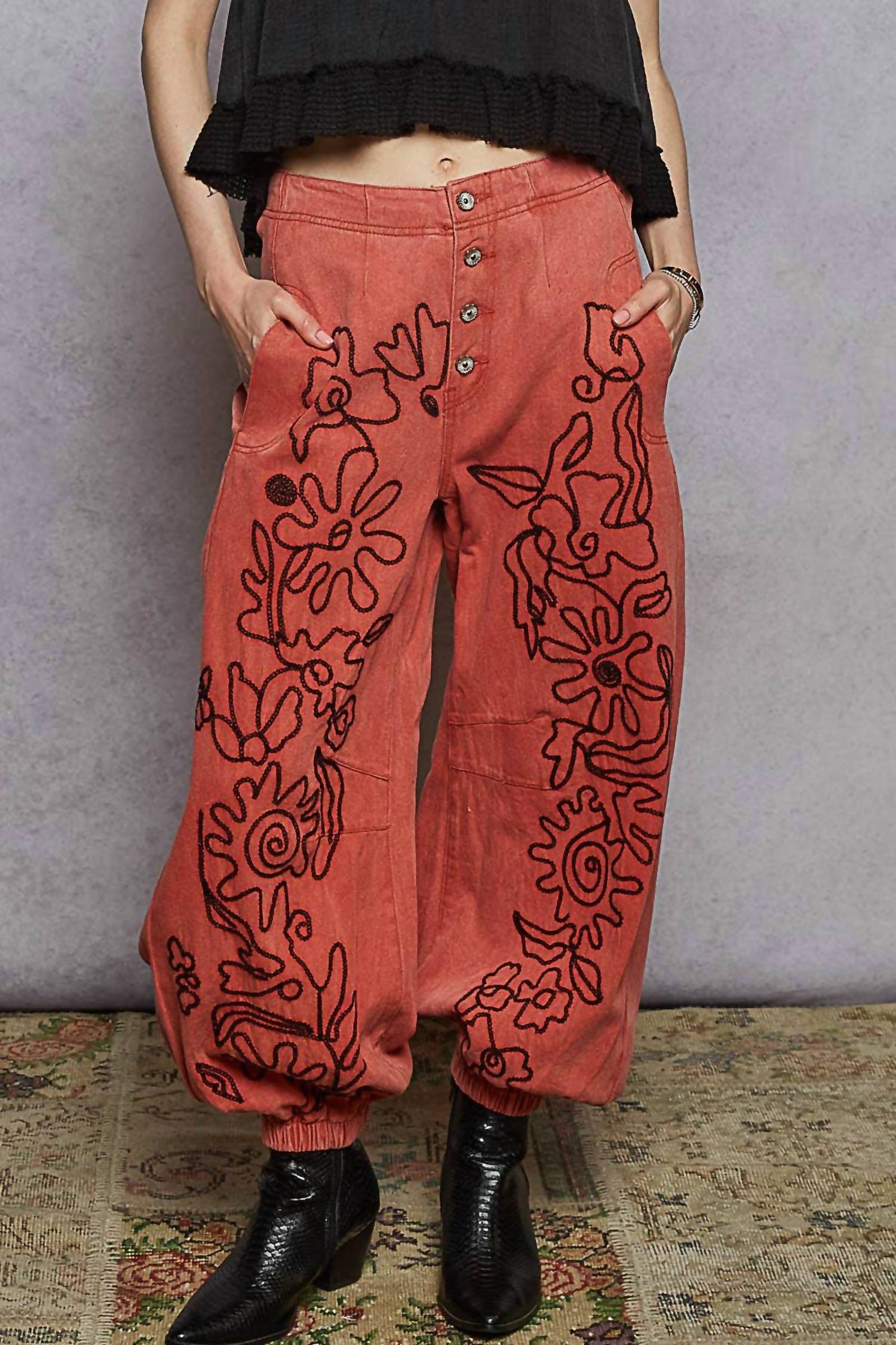 Pol - Floral Embroidered Twill Pants
