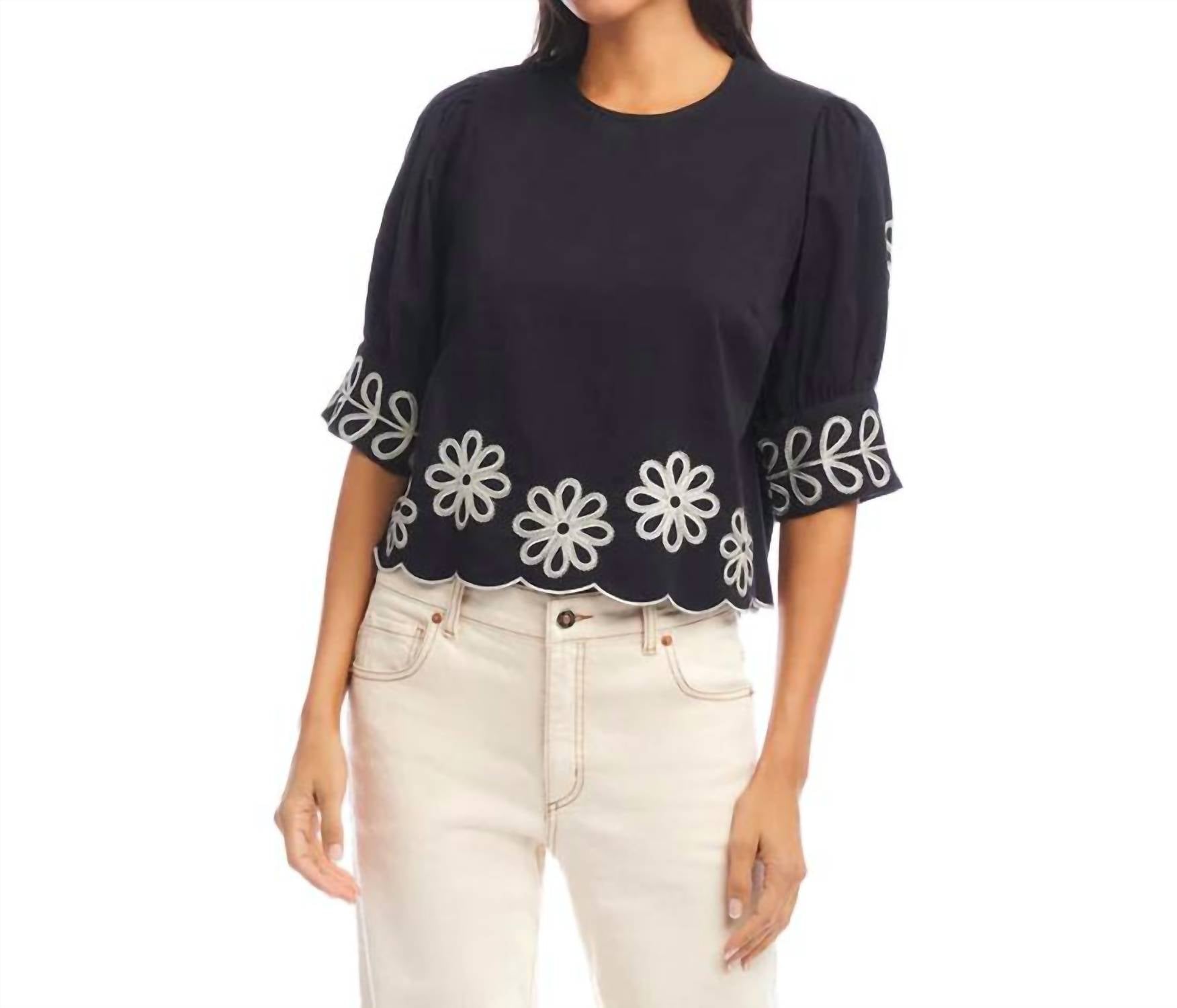 Karen Kane - Tesni Three Quarter Sleeve Embroidered Scallop Top