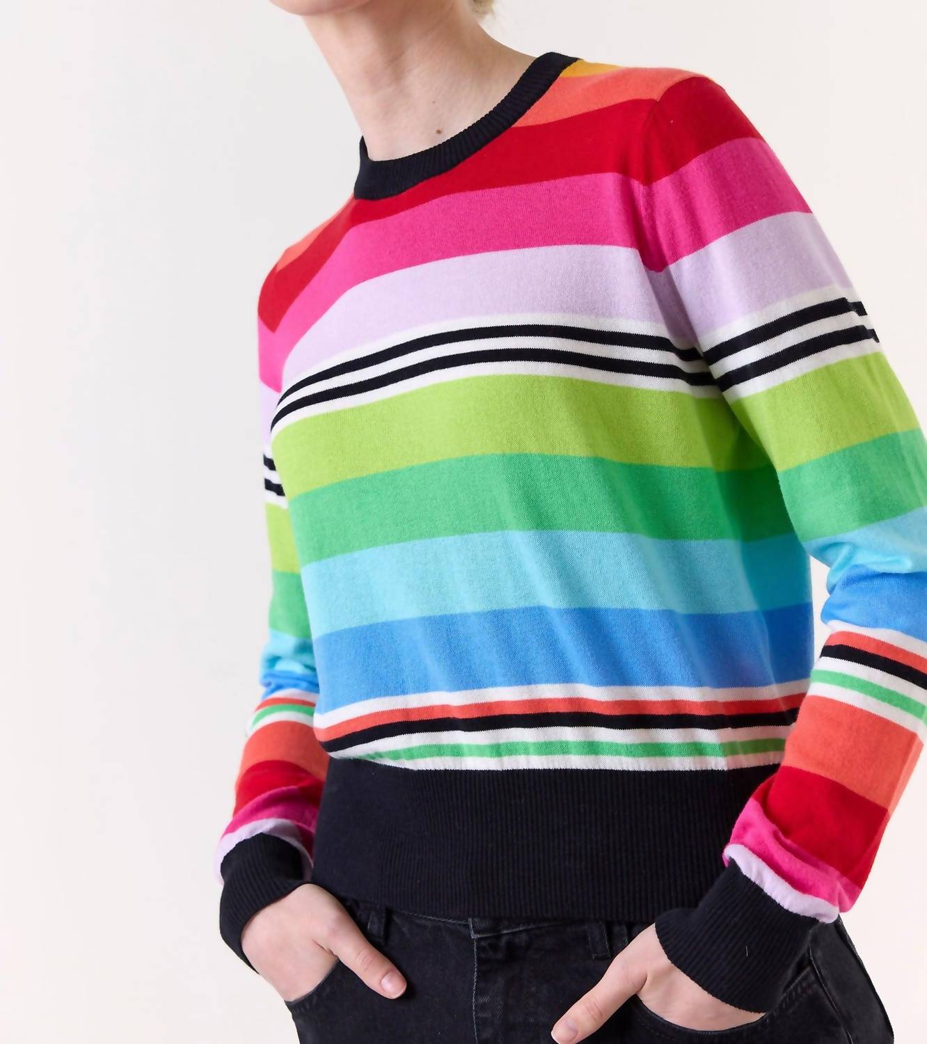 Brodie Cashmere Ivy Stripe Crew Neck Sweater in rainbow black - women's sweater - view 4