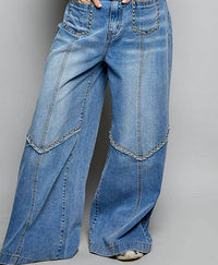 POL Vintage Washing Solid Back Elastic Band High Rise Wide Pants in denim - women's pants