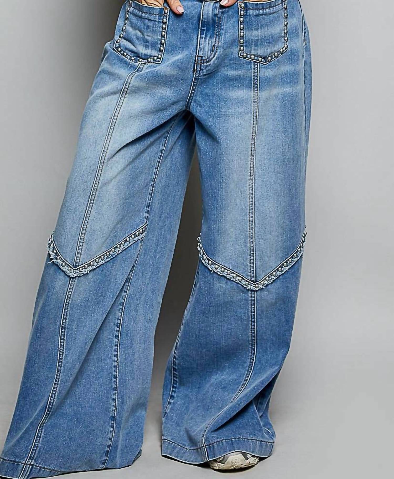 POL Vintage Washing Solid Back Elastic Band High Rise Wide Pants in denim - women's pants