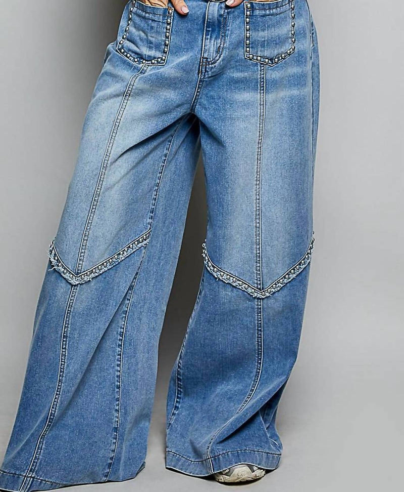 POL Vintage Washing Solid Back Elastic Band High Rise Wide Pants in denim - women's pants