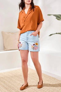 Tribal - Audrey Girlfriend Denim Short With Fancy Embroidery