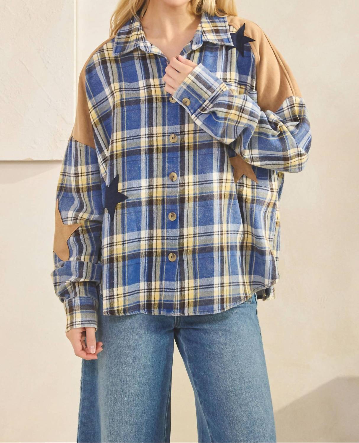 SAGE+FIG Skylar Star Patchwork Plaid Flannel Shirt in blue - women's shirt - view 5