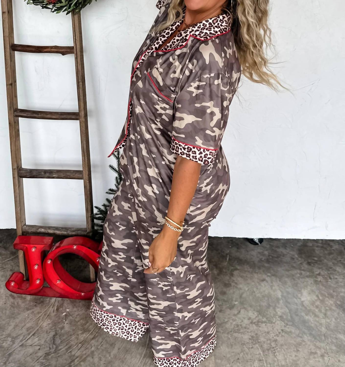BLAKELEY Luxe Camo And Leopard Mixed Print Pajama Set in grey multi - women's sleepwear - detail view