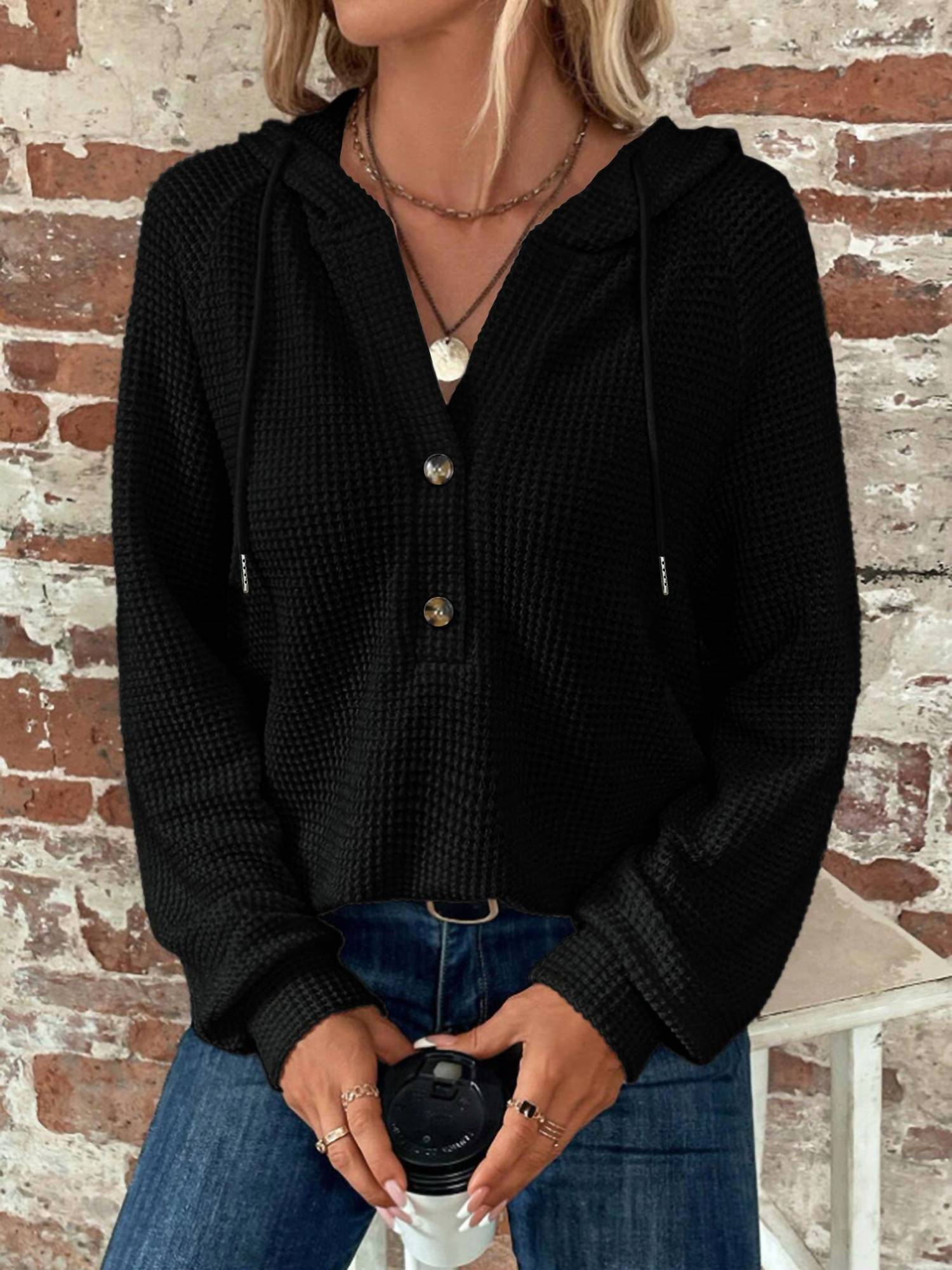 Lily Clothing Waffle Button-up Hoodie Pullover in black - women's top