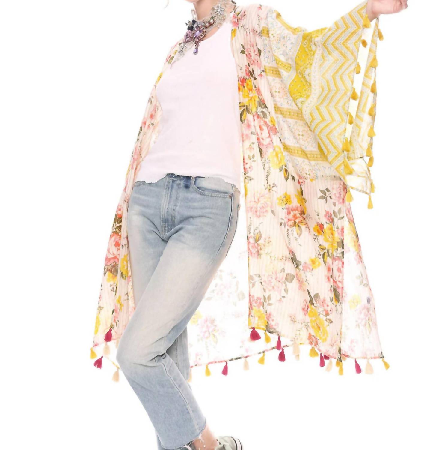 Aratta Floral Print Metallic Stipe Kimono in mustard - women's cardigan - view 4