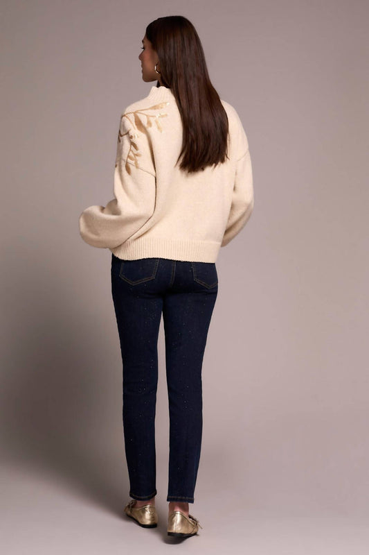 Tribal - Sequin Floral Applique Mock Neck Sweater