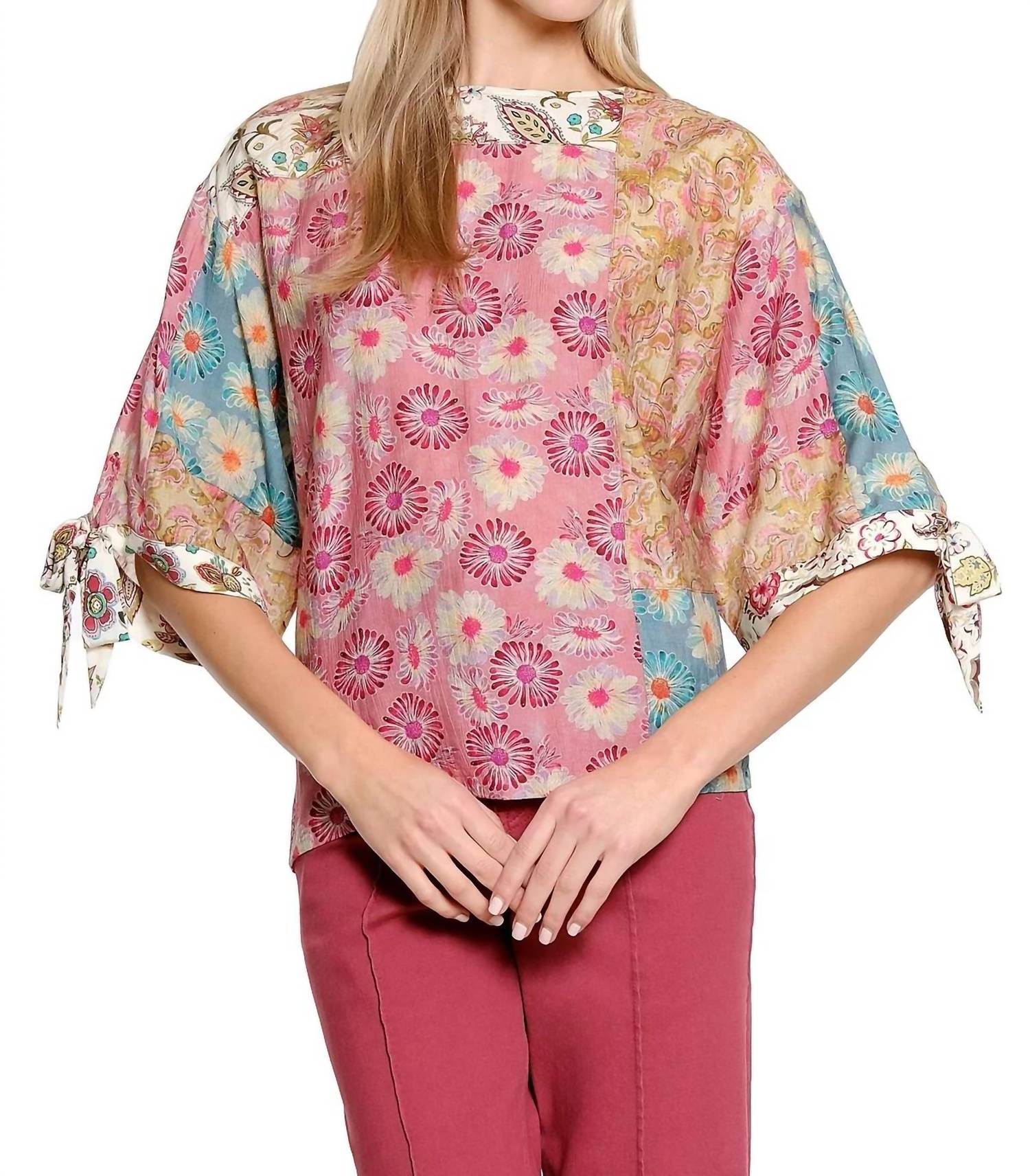 Tru Luxe - Women's Print Tie Sleeve Boxy Top