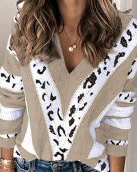 Retro Fashion - Animal Print Accent V Neck Sweater