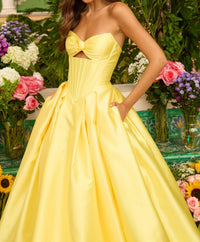 Ava Presley Mikado Strapless Ballgown in yellow - women's dress - detail view