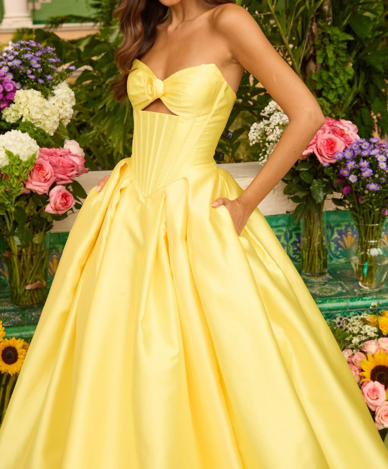 Ava Presley Mikado Strapless Ballgown in yellow - women's dress - detail view