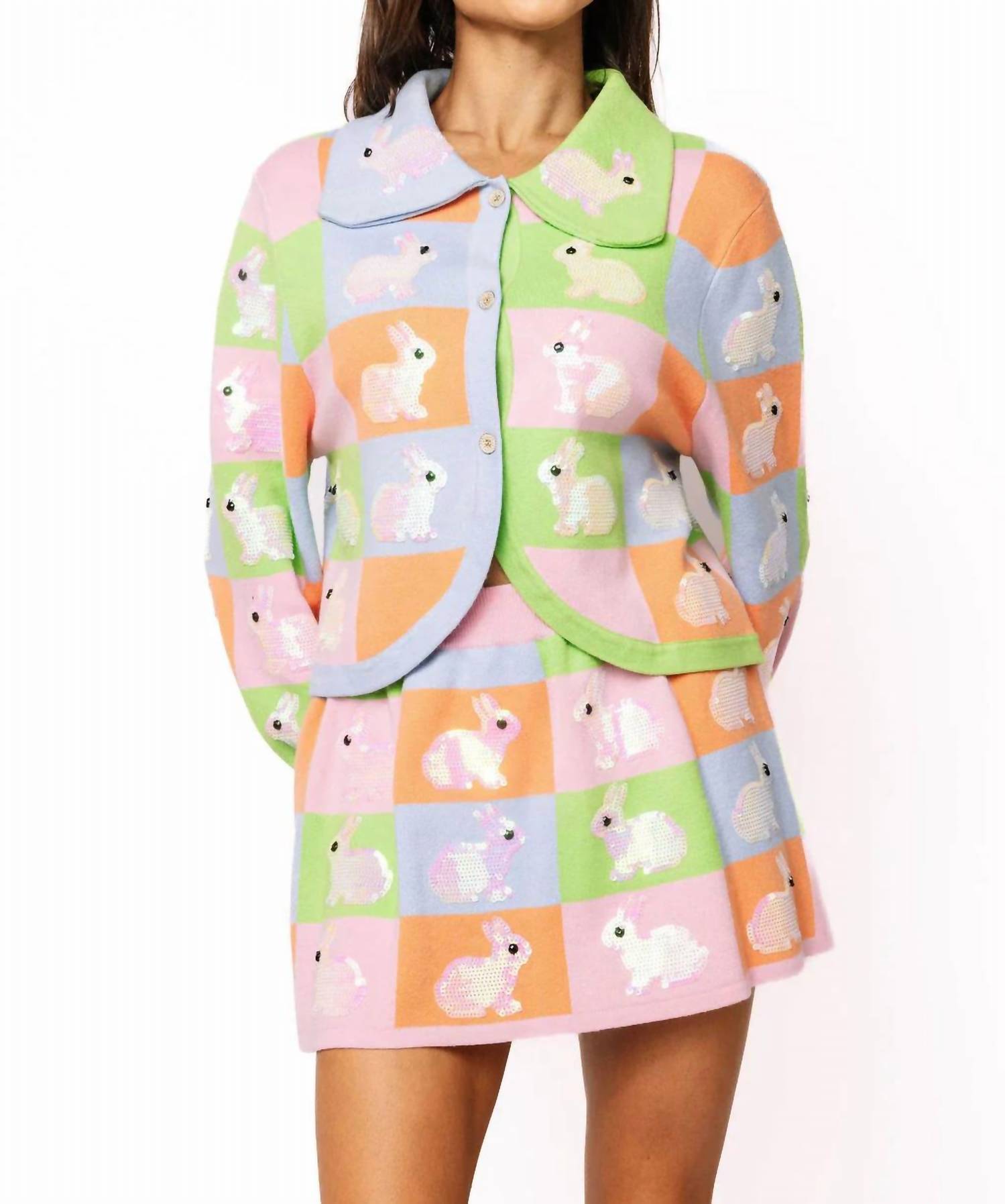 Queen Of Sparkles - Pastel Colorblock Easter Bunny Button Up Collar Cardigan