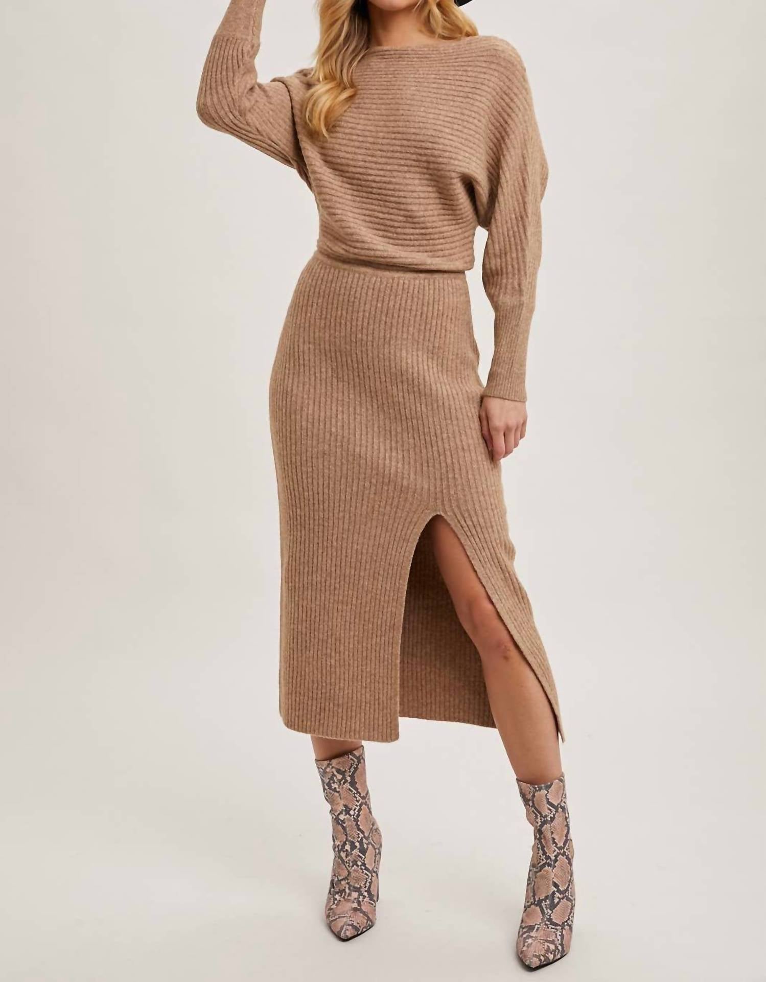 Bluivy - One Shoulder Off Side Slit Midi Knit Sweater Dress