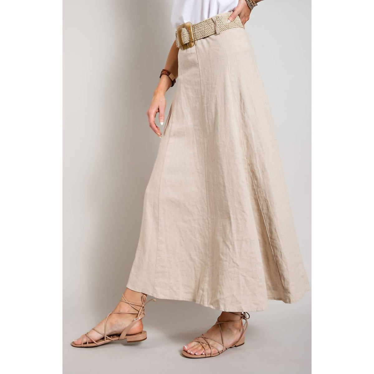 Sweet Generis - Linen Maxi Flare Skirt With Trim Belt