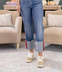 Hidden - Cuffed Tape Cropped Straight Jeans
