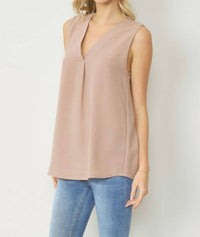 entro Sleeveless V-neck Top in latte - women's blouse - detail view
